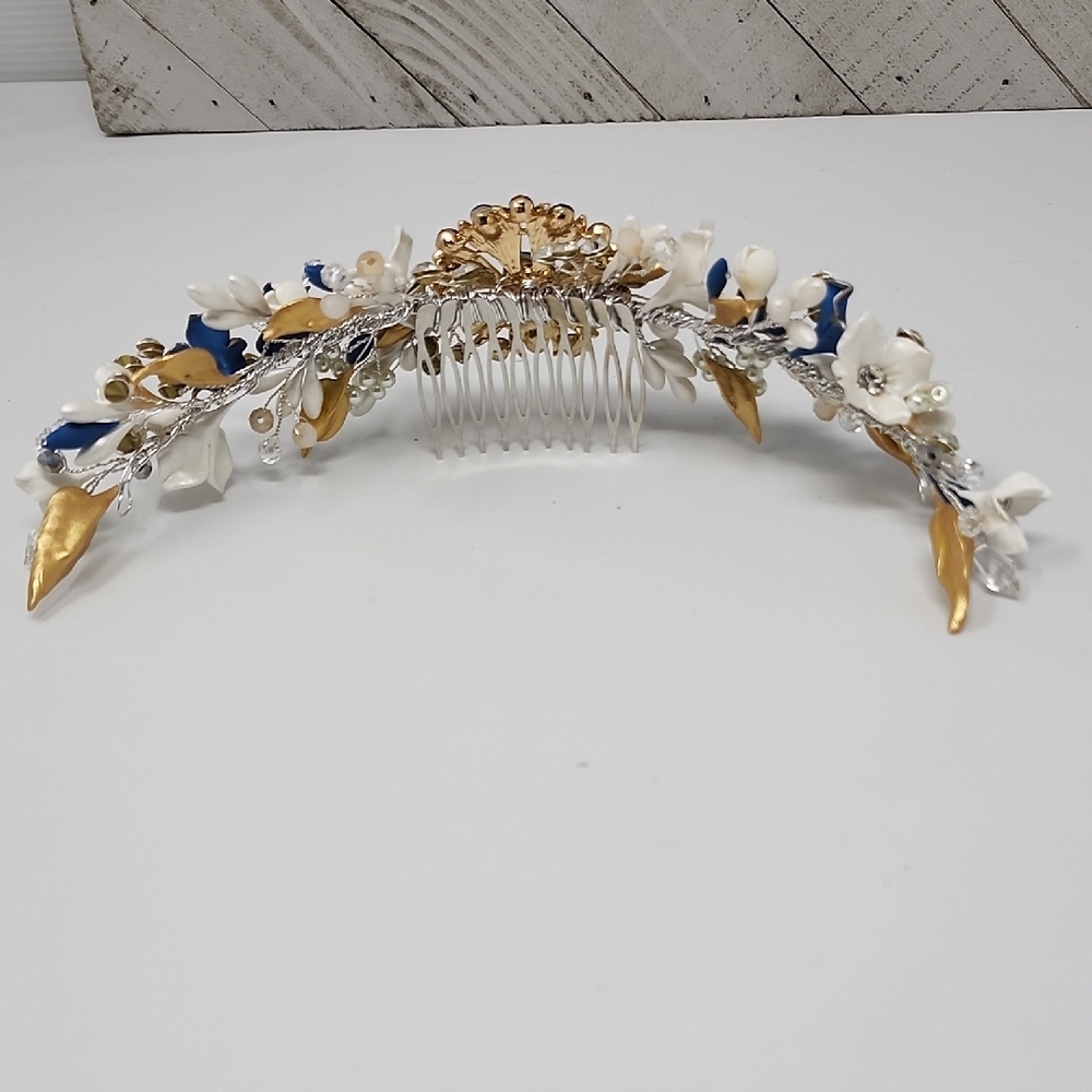 Elegant Blue and Gold Floral Headband - Picture 13 of 15